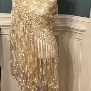 Shawl vintage “ Mantón” beige silk crochet strands handmade  60”